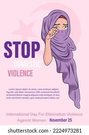 Women wear Khimar (Muslim clothes) crying and sitting in the corner of the room with wording about International day for the elimination of Violence Against Women's campaign and example texts.
