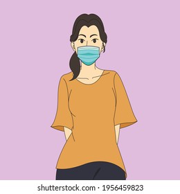 Women wear Mask to prevent contagious diseases, virus, polution and dust. Light brown oversize shirt. on Light purple background. Vector illustration in a flat style