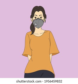 Women wear Mask to prevent contagious diseases, virus, polution and dust. Light brown oversize shirt. on Light purple background. Vector illustration in a flat style