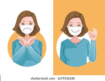 Women wear medical masks to protect against viruses, gestures and different signs. Opposite positive feelings and negative feelings. Health care concepts. Surgical wear Vector cartoon illustration.