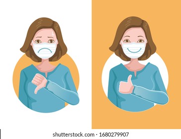 Women wear medical masks to protect against viruses, gestures and different signs. Thumbs up, Thumbs down. Likes and dislikes. Opposite positive feelings and negative feelings. Health care concepts. 