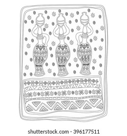 Women wear a pitcher on her head hand drawing style, black and white outline drawing, coloring.