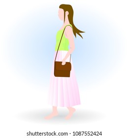 Women wear short sleeves, long skirts, pink do not wear shoes. And carry a brown bag.