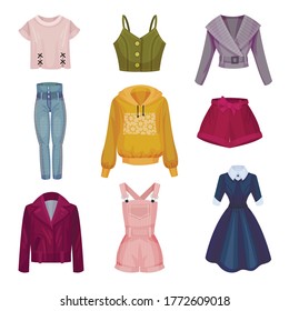 Women Wear with Sleeved Sweatshirt and Dress Vector Set