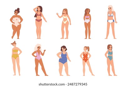 Women wear swimwear. Diverse body types girls in bikini. Beach summer vacations characters. Travel and sunbathing female, snugly vector set