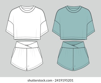 WOMEN WEAR TEE AND SHORT PAJAMA SET FASHION FLAT DESIGN VECTOR. Women girl oversize Crop tee shirt and high elastic waist shorts pant with drawstring  set technical drawing, home wear.