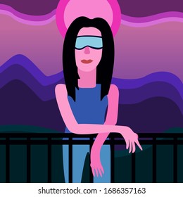A women wear vr glasses. Women located in her imaginative world.
