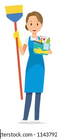 Women wearing blue aprons and rubber gloves have several cleaning tools