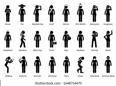 Women wearing body fashion accessories. Vector artwork of girl wearing different type of fashion accessory style and design for female.