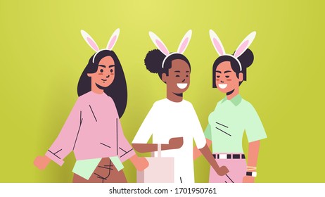 women wearing bunny ears cute. girls celebrating happy easter holiday horizontal portrait vector illustration