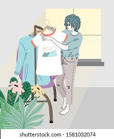 Women wearing clothes in the dressing room in summer.Doodle art concept,illustration painting