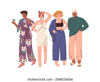 Women wearing comfortable home clothes, pajamas and nightgown. Modern fashion comfy outfits. Relaxed females in homewear, nightwear and sleepwear. Flat vector illustration isolated on white background