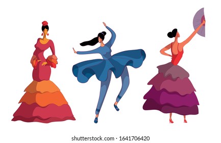 Women Wearing Dresses Performing Different Dances Vector Set