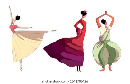 Women Wearing Dresses Performing Different Dances Vector Set