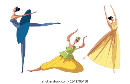 Women Wearing Dresses Performing Different Dances Vector Set