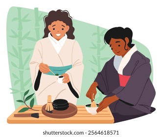 Women wearing ethnic kimono dress preparing aroma herbal asian tea powdering green leaves brewing beverage for traditional oriental ceremony vector illustration scene. Culture, tradition and rules