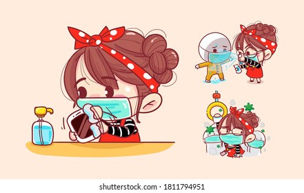 Women wearing face mask and cleaning concept.