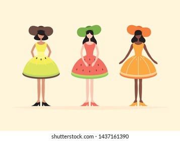 Women wearing fruit pattern clothes. Vector flat illustration EPS10