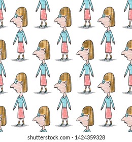 Women wearing glasses seamless pattern, Doodle woman cartoon, hand drawn vector illustration, fabric texture, teacher, people, Gift wrapping paper, pastel background
