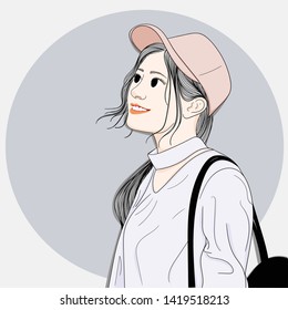 Women wearing hats and carrying black bags are traveling to shopping.Doodle art concept,illustration painting