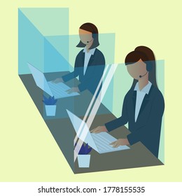 women wearing headsets conceptual of client services and communication with plexiglass workspace. call center service job vector illustration