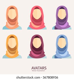 Women wearing hijab. Avatar icons in flat style.