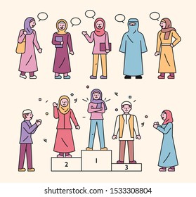 Women wearing hijabs are equally educated with men. Woman wearing hijab to win the competition with a man. Congratulations friends. flat design style minimal vector illustration.