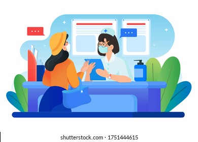 Women wearing mask asking nurse in hospital. Vector Illustration concept.