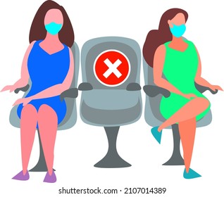 Women wearing mask maintaining social distancing to prevent coronavirus spread by sitting six feet away from each other on office  and leaving the sit between them in public transport 
