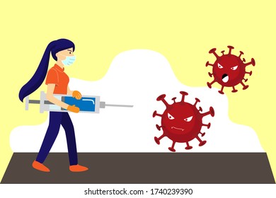 Women wearing masks to fight the virus.COVID-19.Coronavirus.Women wearing masks.Syringe Vector.Yellow background and road.Vector illustration.