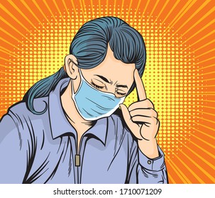 Women wearing masks to prevent infection have a headache and fever.Pop art hand drawn style vector design illustrations.
