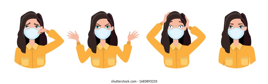 Women wearing medical mask to prevent disease, flu, air pollution, contaminated air, world pollution. Set of different emotions. Vector illustration in a flat style