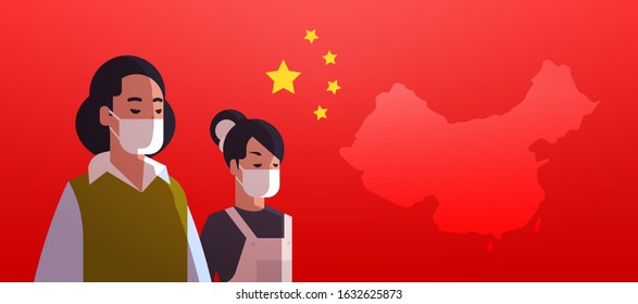 women wearing protective masks to prevent epidemic MERS-CoV virus concept wuhan coronavirus 2019-nCoV pandemic medical health risk chinese flag background portrait horizontal vector illustration