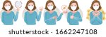 Women wearing protective medical mask for prevent virus.Many gestures. Hold, point, okay, forbid, and thumbs up. Wearing a surgical. Vector Cartoon Illustration.
