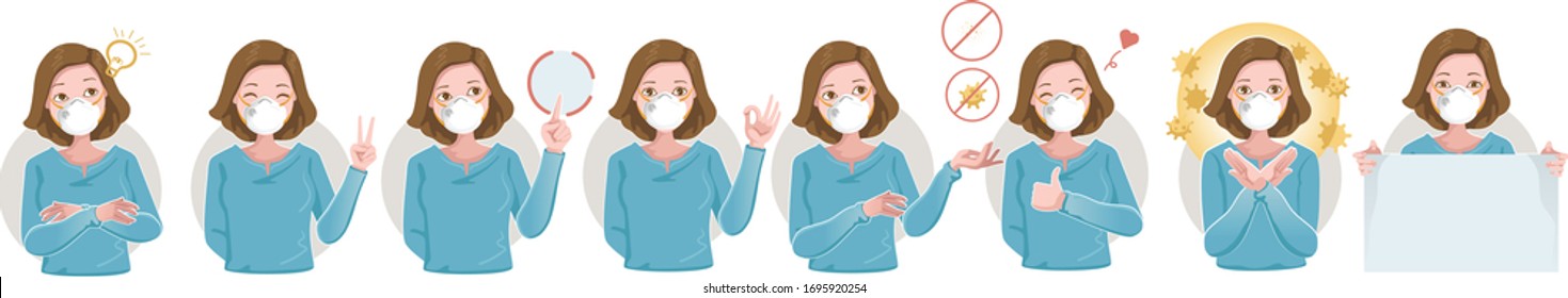 Women wearing protective medical mask for prevent virus. N95 mask many gestures. Hold, point, okay, forbid, arms crossed,effort, holding sign and thumbs up. Wearing a surgical. Vector Cartoon. 