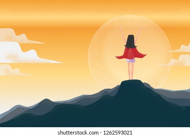 Women wearing red mantle & raise her hand up.She standing on the top of mountain.Success concept