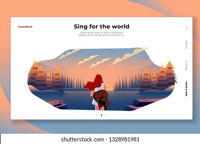 women wearing red pants are looking at the lake and mountains in the afternoon - All elements on this template are editable with vector software