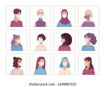 Women wearing safety breathing masks. Respirators and medical masks. Vector icons set. Disease, flu, air pollution. Flat portraits of Caucasian, African American, Asian. Young and aged. Cartoon avatars.