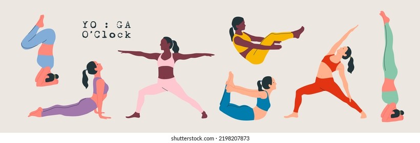 Women wearing sportswear doing Yoga. Young slim girls doing yoga. Hand drawn colored Vector illustrations. Weight Loss. Health care and lifestyle concept. Female yoga.