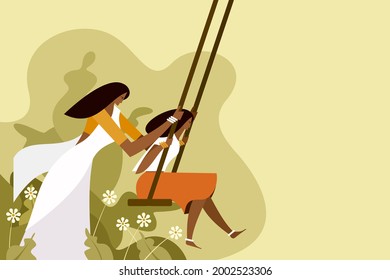 Women wearing traditional dress  swinging in outdoor. Concept for Onam festival