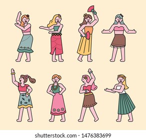 Women wearing traditional Hawaiian costumes are performing hula dances. flat design style minimal vector illustration.