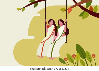 Women wearing traditional sari swinging in outdoor. Concept of Onam festival in Kerala, India