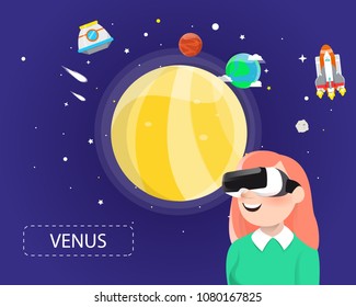 Women wearing virtual reality glasses looking venus in universe concept