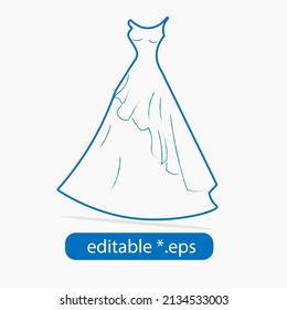Women wedding dress in hand drawing style blue outline isolated, icon, vector