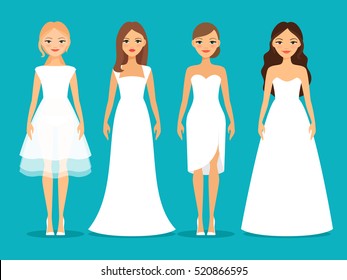 Women in wedding dresses on blue background. Beautiful white dresses collection vector illustration