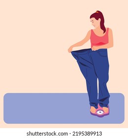 women are weighing and wearing jeans which are now too loose because now they are slim