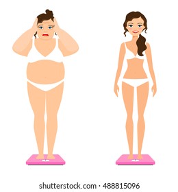 Women weight vector illustration. Slim woman and female overweight body on scale