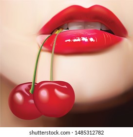 Women when biting a cherry really looks sexy suitable for illustration can be applied in various packaging or for lipstick advertisements and others