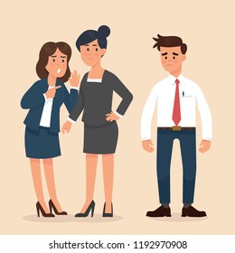 women whisper to each other in front of male workers who feel uncomfortable