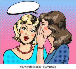 Women Whisper. Pop Art Retro Comic Style Vector Hand Drawn Illustration. Speech Bubble. Dotted Background.